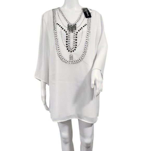 Maggie Barnes White Beaded Whimsy Artsey Lagenlook Gauzy Boho Mini Dress 14,NWT - Picture 1 of 10